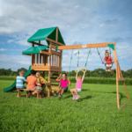 Canyon Creek All Cedar Swing Set Playset w/ Rockwall Upper Fort Belt Swings Web Swing Gray Wave Slide, and Play Kitchen - Image 4