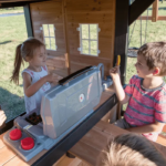 Canyon Creek All Cedar Swing Set Playset w/ Rockwall Upper Fort Belt Swings Web Swing Gray Wave Slide, and Play Kitchen - Image 7