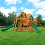Gorilla Playsets Empire Extreme Wooden Swing Set with Monkey Bars, Clatter Bridge, Tower, and 3 Slides - Image 2